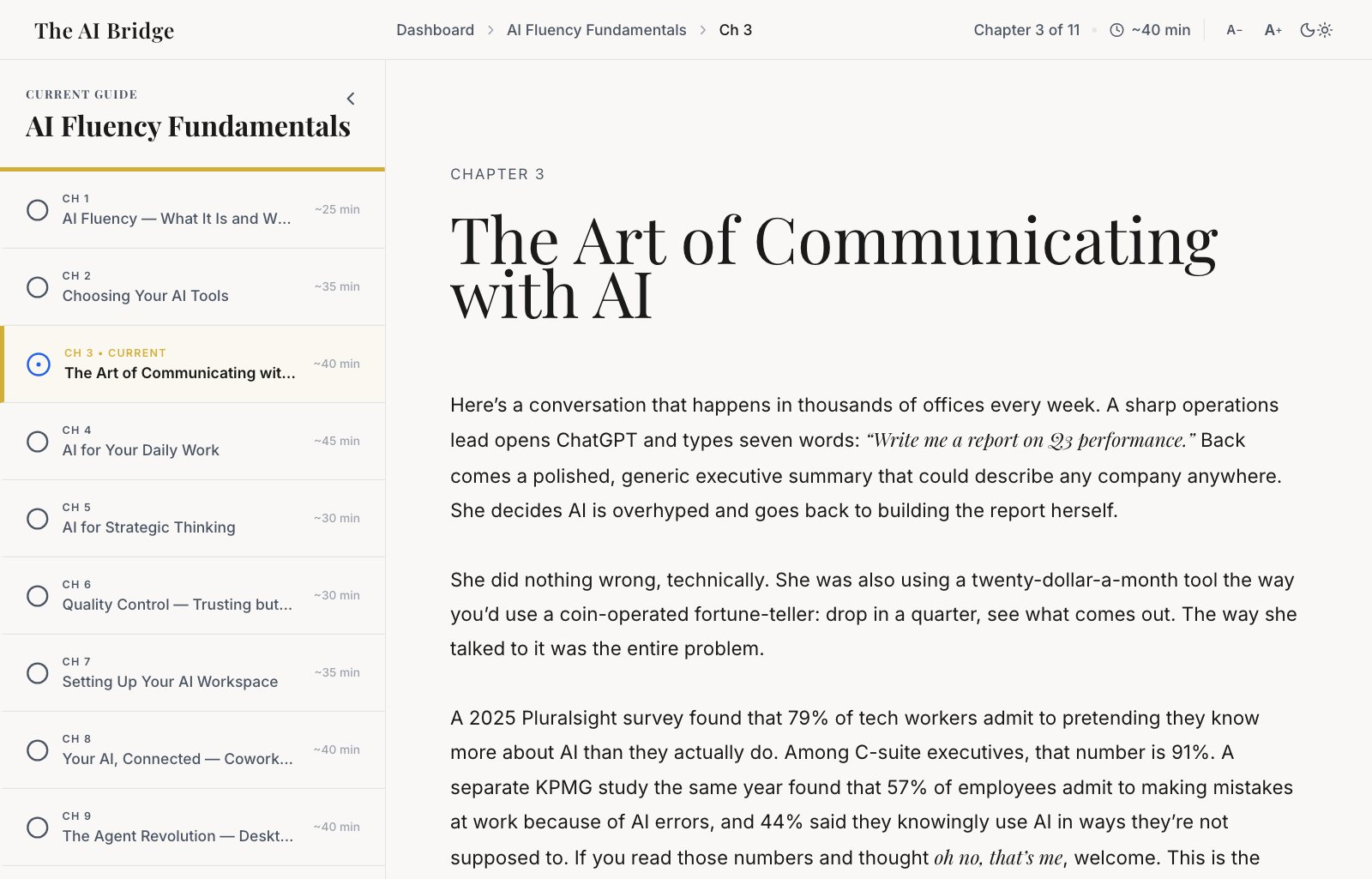 Chapter 3 of the guide open in the reader: the chapter list on the left and the title The Art of Communicating with AI, followed by the opening paragraphs.