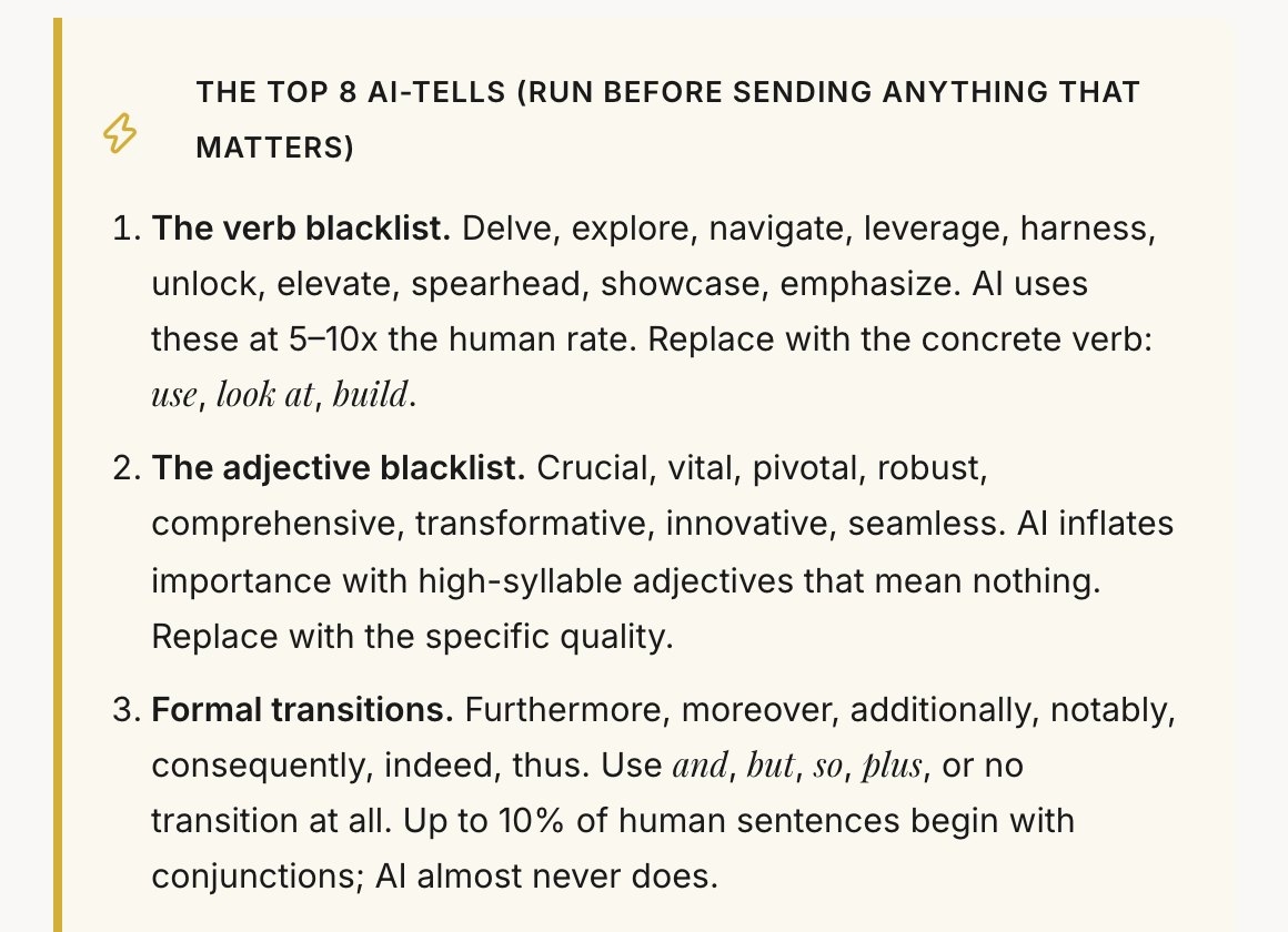 A page from chapter 6: Eight signs a draft was written by AI, to check before you send it.