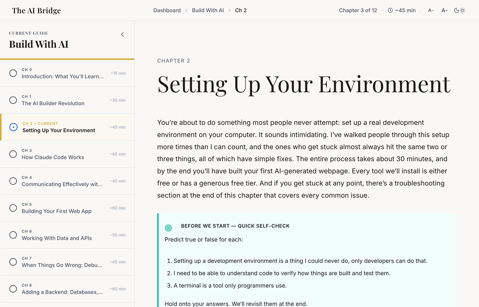 Chapter 2 of the guide open in the reader: the chapter list on the left, the title Setting Up Your Environment, the opening paragraph and a quick self-check.