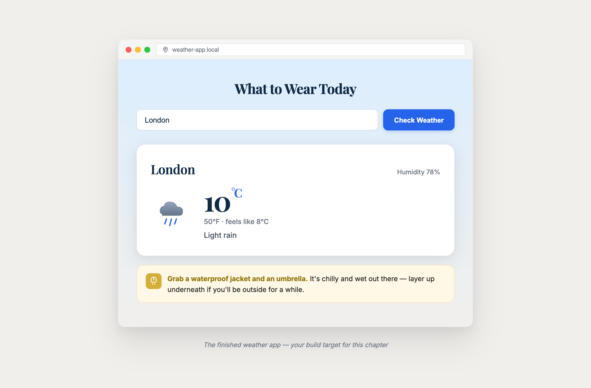 Figure from chapter 5: A weather app that tells you what to wear.