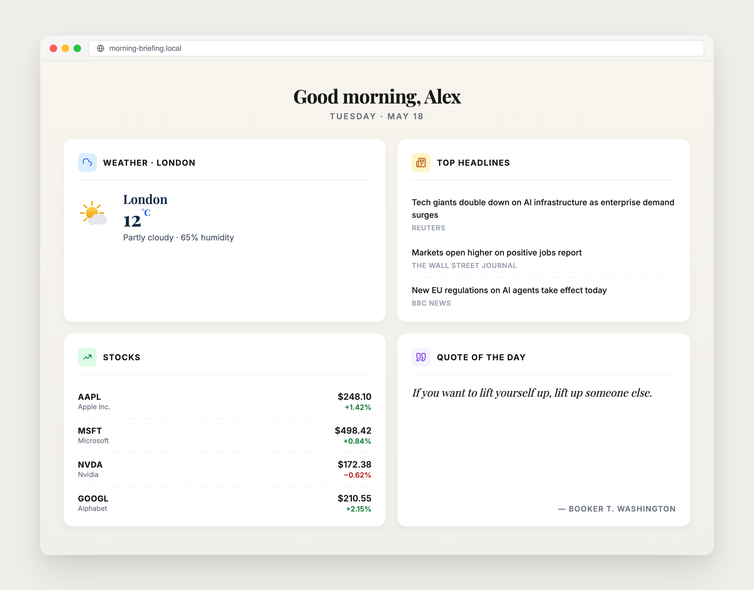 Figure from chapter 6: A Morning Briefing: weather, headlines, stocks and a quote from four live data services.