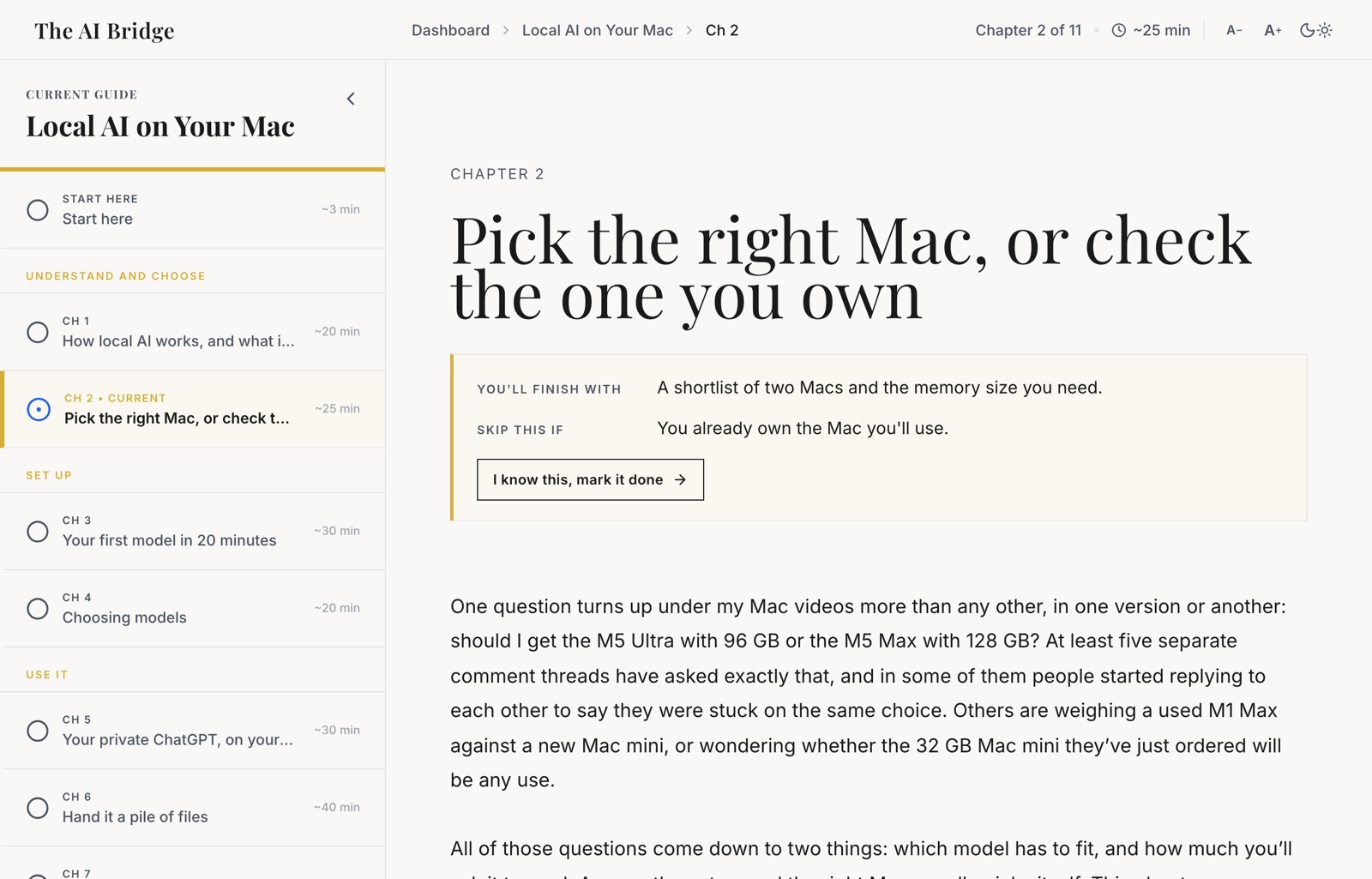 Chapter 2 of the guide open in the reader: the chapter list on the left, the title Pick the right Mac, or check the one you own, and a box saying You'll finish with a shortlist of two Macs and the memory size you need.